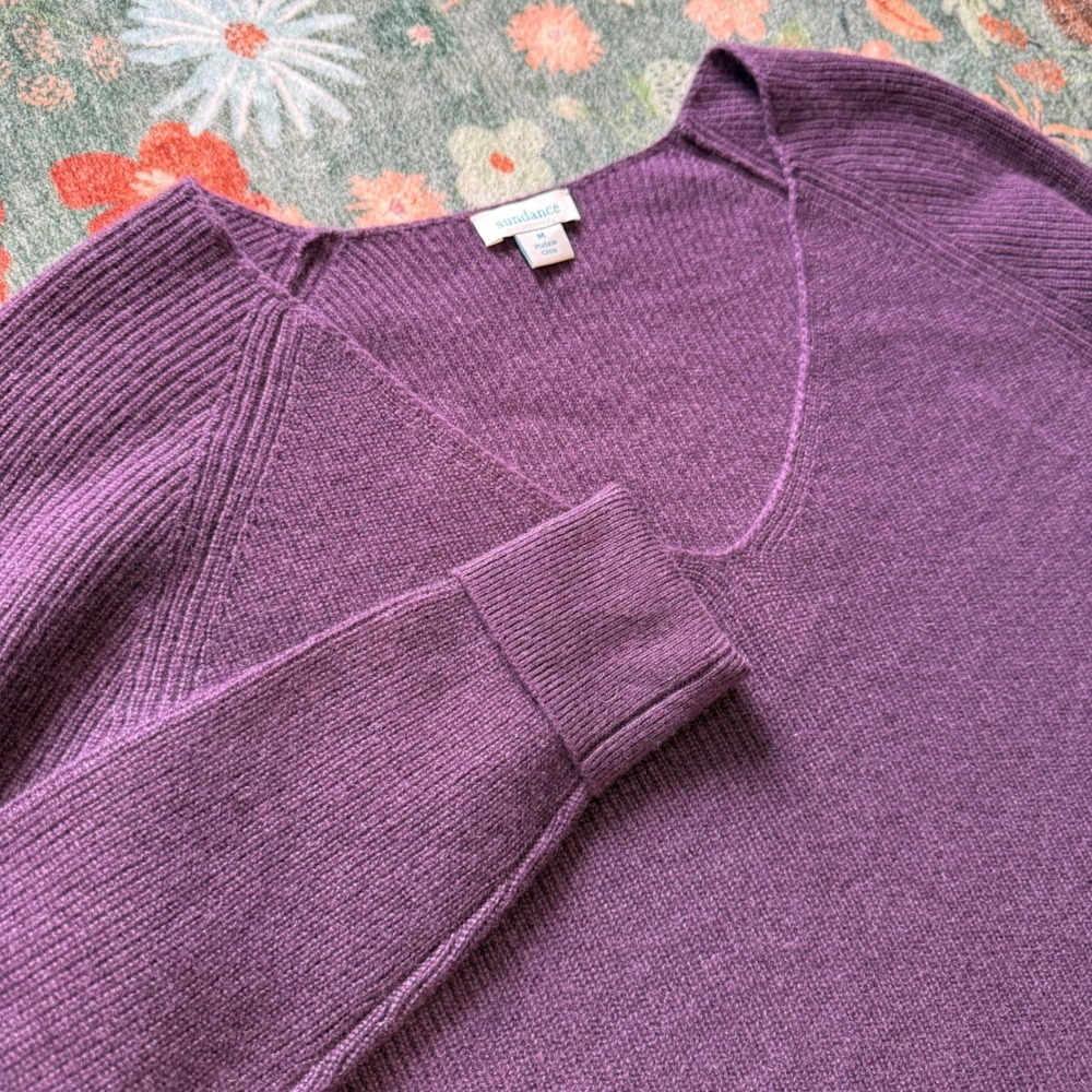 Sundance Women Purple 100% Cashmere V-Neck Ribbed Raglan Sleeve Sweater Medium